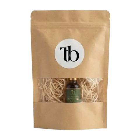 The kraft pouch with the Tuli Botanicals label.