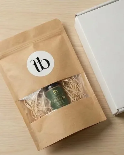 The kraft pouch and gift box, styled together.