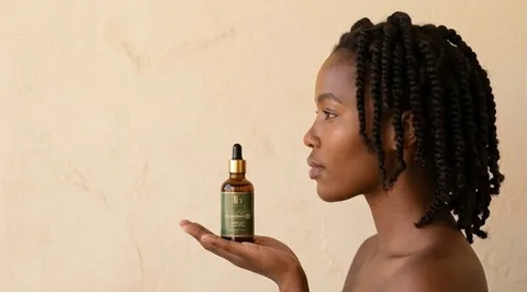 A woman in profile holds the bottle on an open palm against a sand-coloured wall.